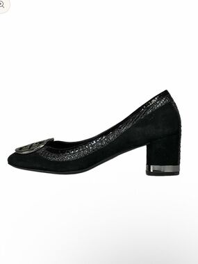 Tory Burch Frannie black suede and patent leather block heel pumps